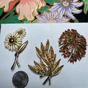 Vintage Floral Brooch Set with Rhinestones